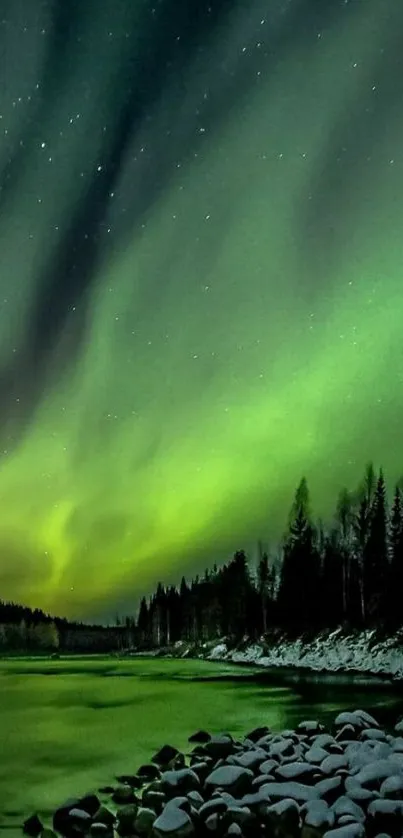 Vibrant northern lights over a tranquil river landscape.