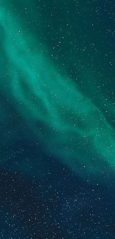 Green aurora lights in starry night sky wallpaper.