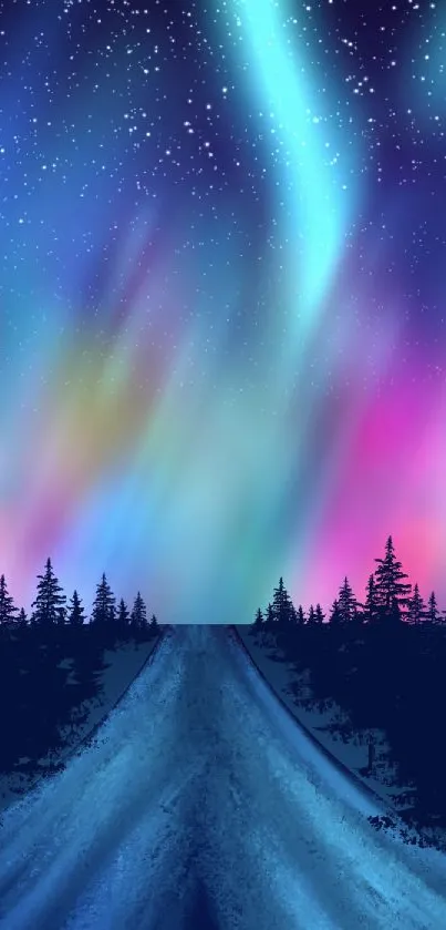 Vibrant northern lights over dark forest at night, perfect for mobile wallpaper.