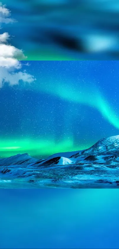 Vibrant Northern Lights over snowy hills and starry sky.