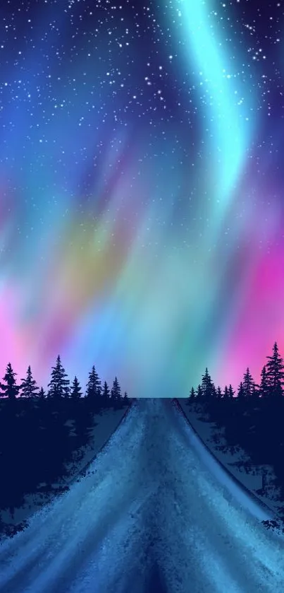 Vibrant northern lights over a forest road.