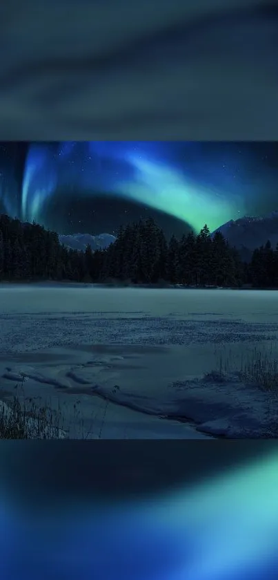 Northern Lights casting vibrant colors over a tranquil, snowy landscape at night.