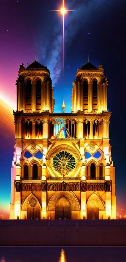 Notre Dame with vivid galaxy and cosmic elements in mesmerizing wallpaper.