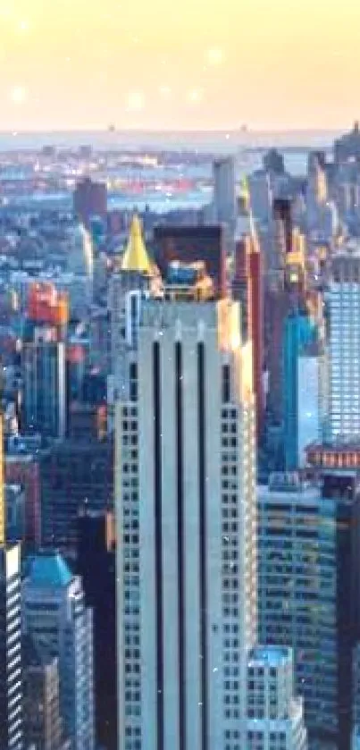 NYC skyline at sunset with iconic skyscrapers.