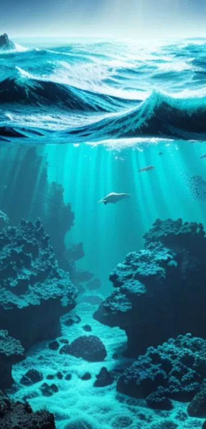 Vibrant ocean view with coral reef and waves.