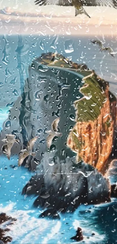 Ocean cliff scene with vibrant birds and raindrop effect on the screen.