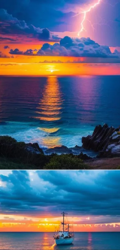 Stunning ocean sunset with lightning and vibrant sky colors.