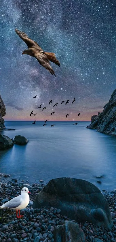 Peaceful coastal scene with birds under a starry night sky.