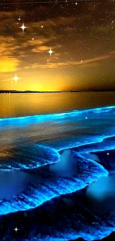 Bioluminescent ocean under a starry night sky wallpaper.