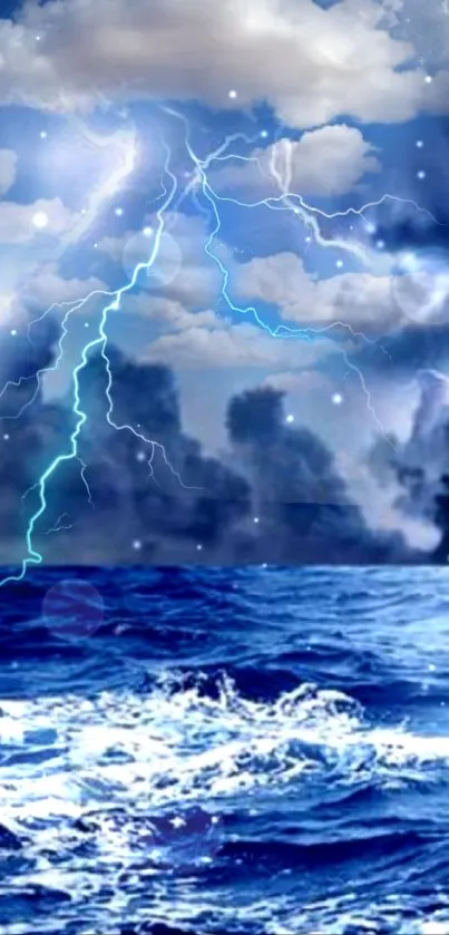 Dynamic ocean scene with stormy clouds and vibrant blue sea.