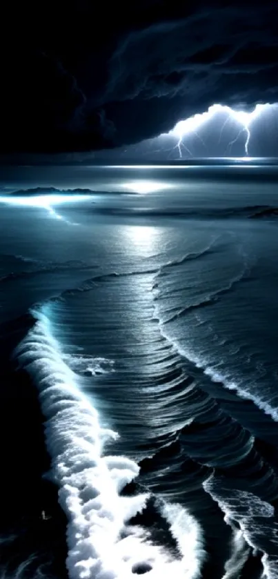 Dramatic ocean storm with lightning illuminating the dark sky and waves.