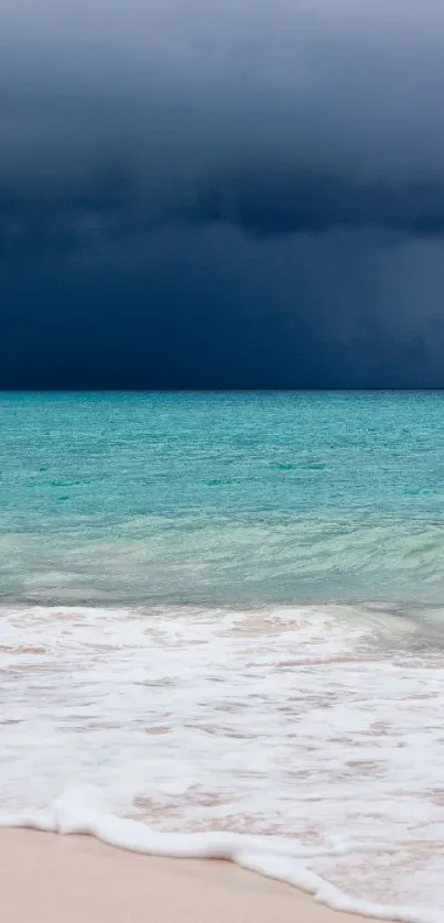 Stormy ocean landscape with dark clouds and turquoise waters.