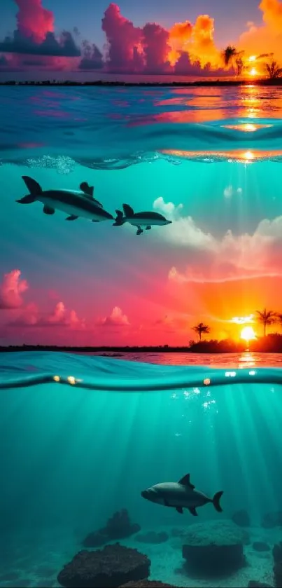 Vibrant ocean sunrise with sharks in silhouette and tropical scenery.