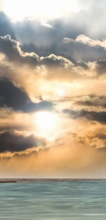 Breathtaking ocean sunset with dramatic clouds and serene seascape.