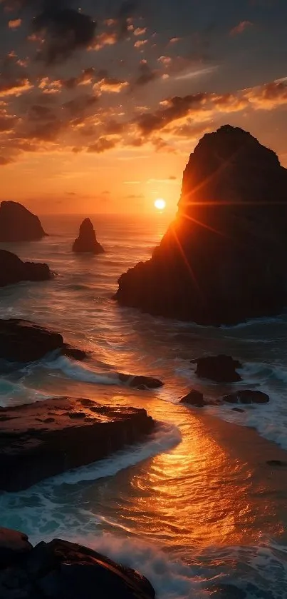 Sunset over ocean with rocks and waves.