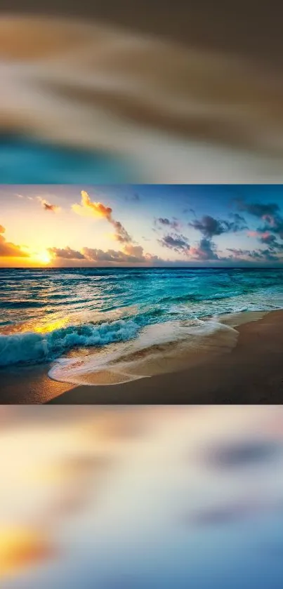 Ocean sunset with vibrant colors and gentle waves on a serene beach.