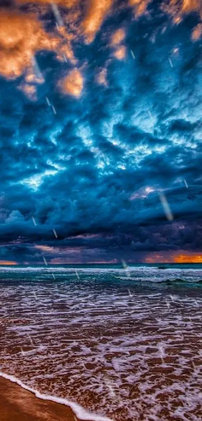 Stunning ocean sunset with dramatic azure blue sky and glowing clouds.