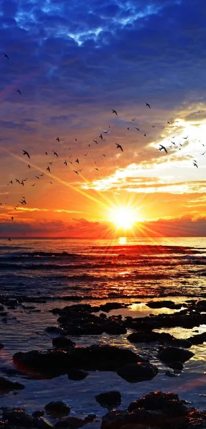 Vibrant sunset over ocean with birds flying in the sky.