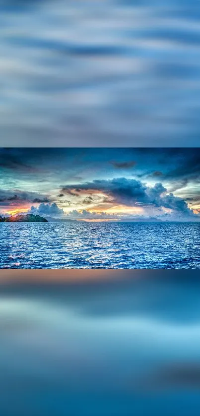 Serene ocean sunset with vibrant blue and orange hues.