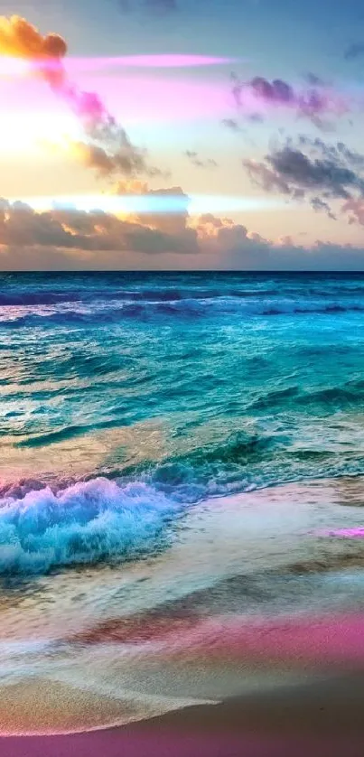 Vibrant ocean sunset with waves on sandy beach.