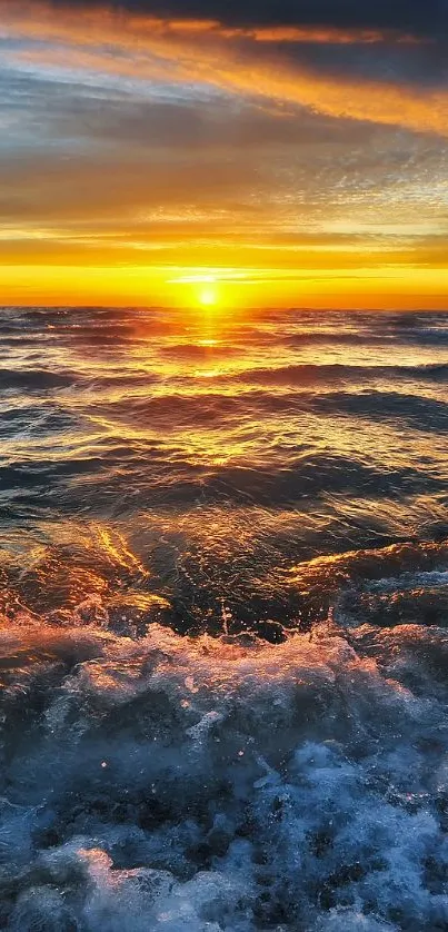 A breathtaking sunset over the ocean with vibrant waves and a calming ambiance.