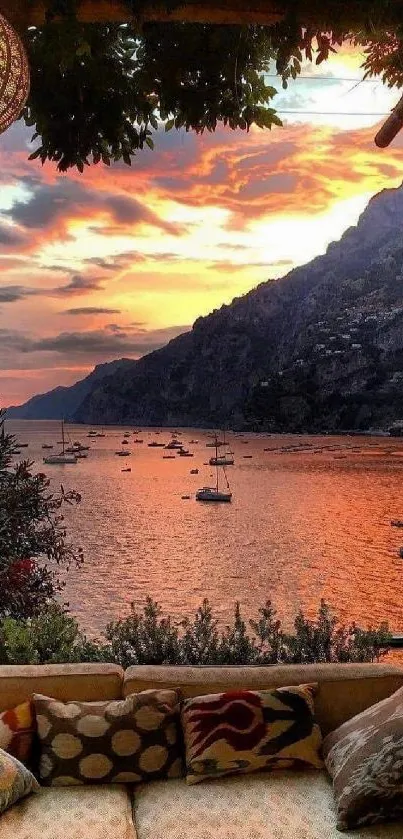 Mobile wallpaper featuring a stunning sunset over an ocean with boats and vibrant sky.