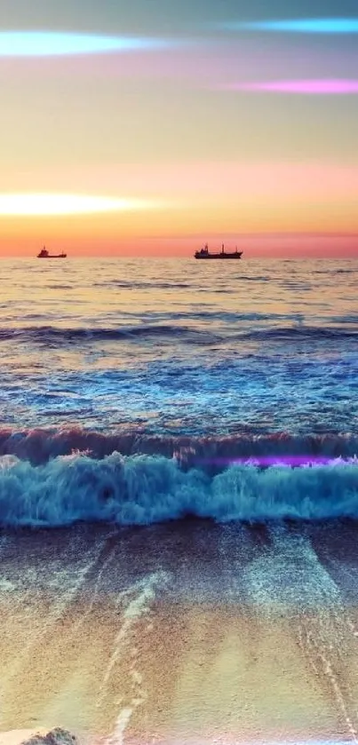 Beautiful ocean at sunset with calming waves hitting the beach shore.