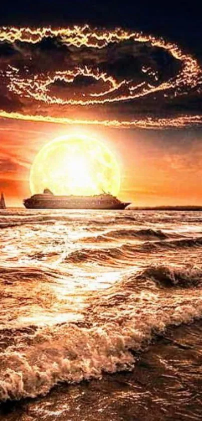 Sunset cruise ship wallpaper with orange sky.