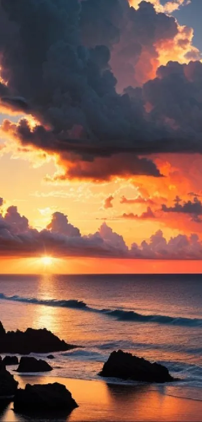 Vibrant ocean sunset with dramatic clouds.