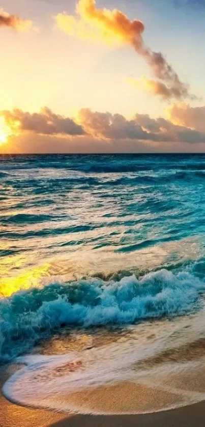 A breathtaking ocean sunset with waves lapping on a sandy beach.