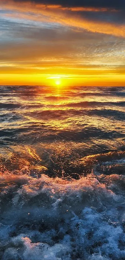 Vibrant ocean sunset wallpaper with colorful waves and serene sky.