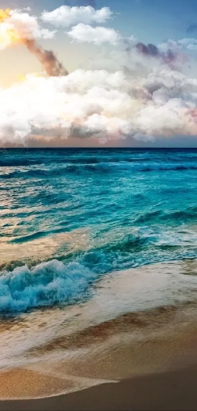 Beautiful ocean sunset with vibrant waves and a colorful sky on the beach.