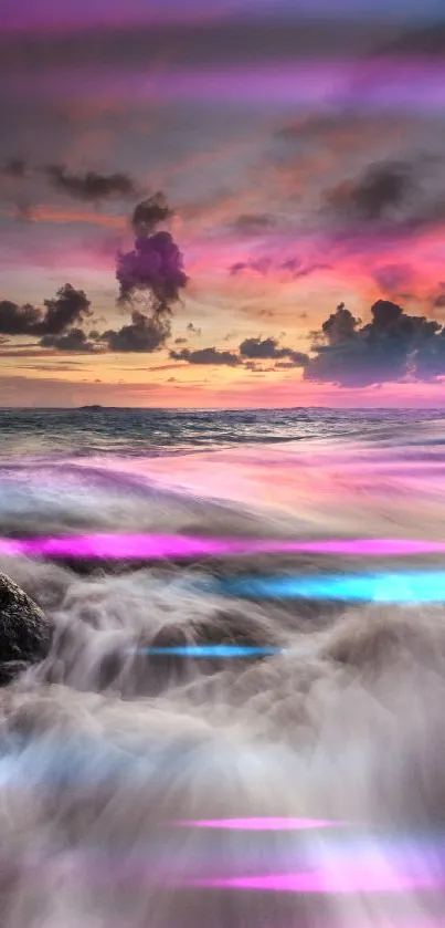 Vibrant ocean sunset with waves crashing and colorful sky.