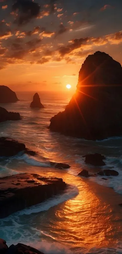 Sunset over striking ocean rockscape.