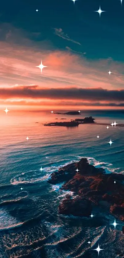 Scenic ocean sunset with waves and deep blue hues, ideal for mobile wallpaper