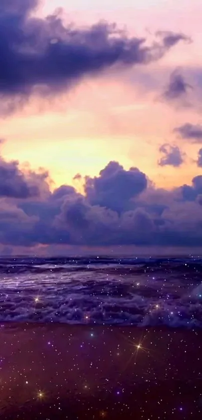 Purple ocean sunset with clouds and stars on a mobile wallpaper.