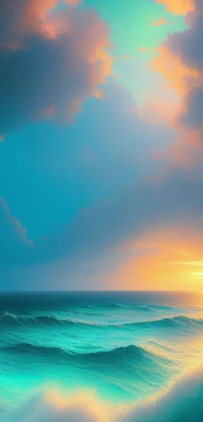 Vibrant ocean sunset wallpaper with turquoise waves and colorful sky.