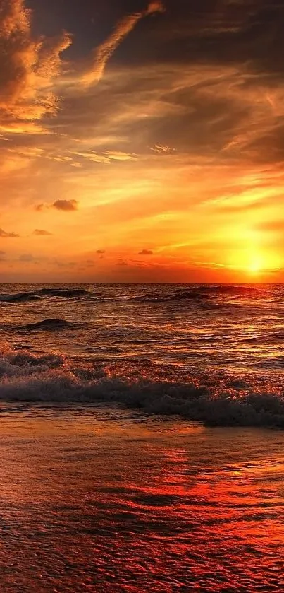 Vibrant orange sunset over a tranquil ocean view.