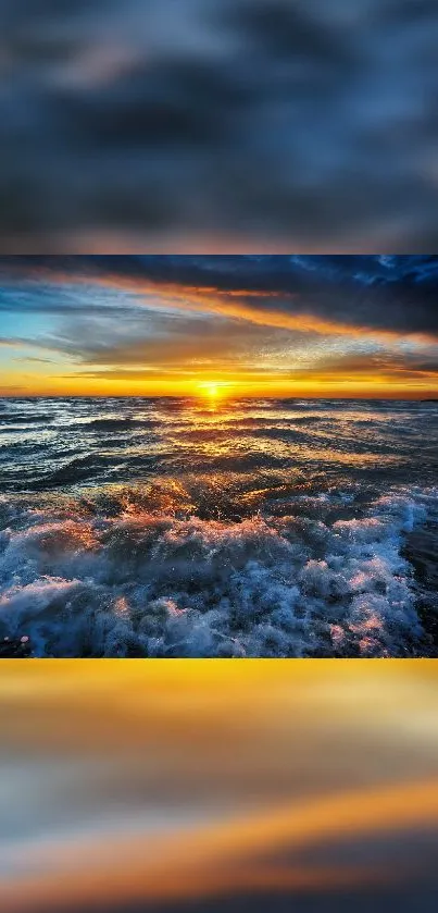 Breathtaking ocean sunset with vibrant colors and serene waves, perfect for mobile wallpaper.