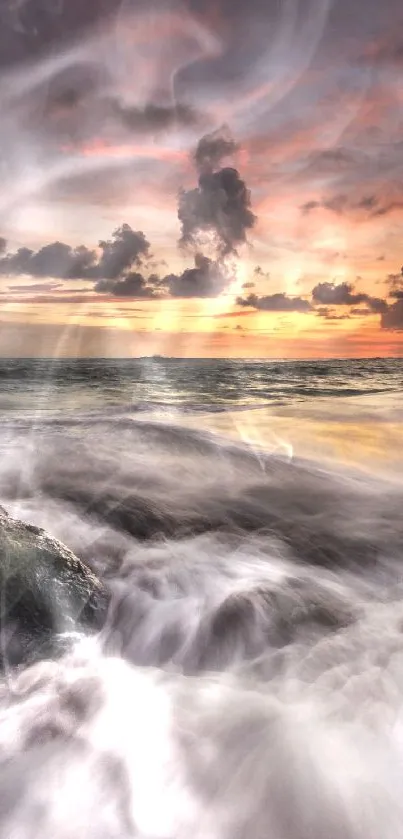 Majestic ocean sunset with vibrant clouds and flowing waves.