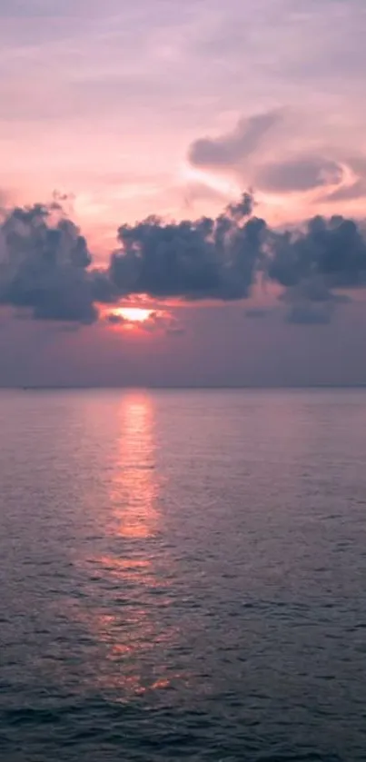 Beautiful ocean sunset with pink sky casting reflections on serene water.