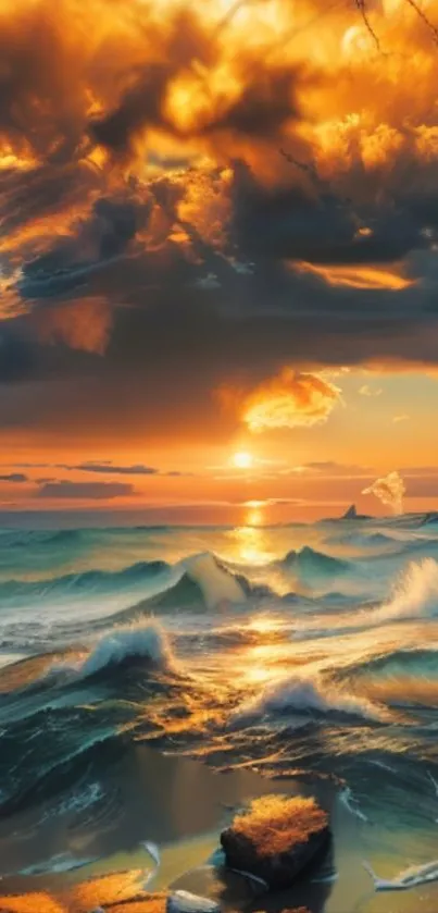 Ocean sunset with dramatic clouds and waves.