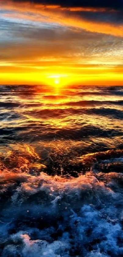 Vibrant sunset over ocean waves in stunning wallpaper.