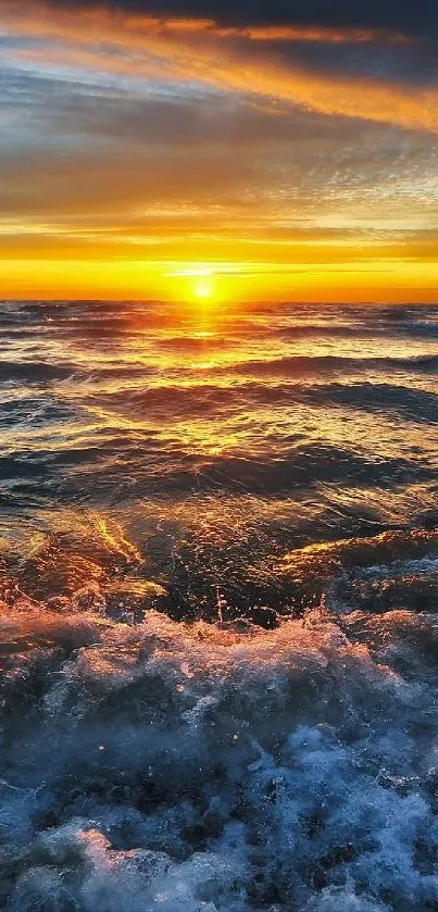 Vibrant sunset over the ocean waves, capturing a peaceful and scenic view.