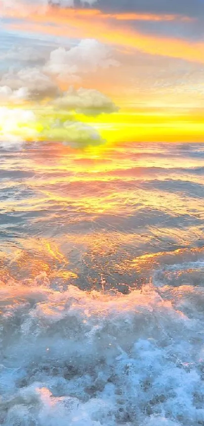 Ocean waves at sunset with vibrant sky, perfect for phone wallpaper.