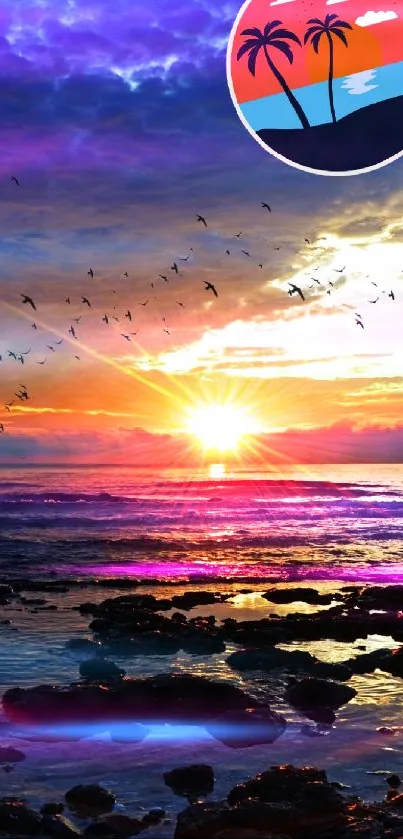 Vivid sunset over ocean with birds flying, viewed from rocky shoreline.