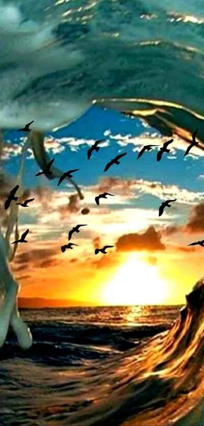 Ocean sunset wallpaper with waves and birds against a vibrant sky.