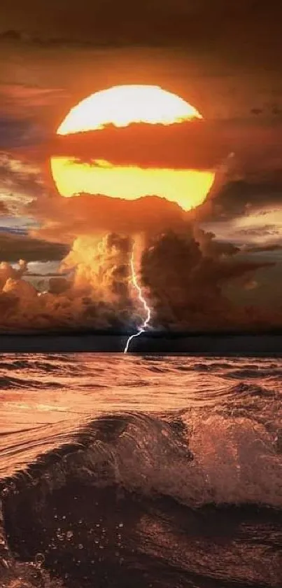 Orange sunset over ocean with waves and lightning bolt.