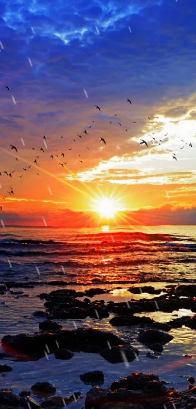 Ocean sunset with vibrant sky and birds flying over tranquil waters.