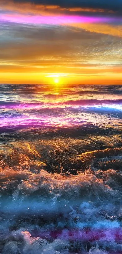 Vibrant ocean sunset with crashing waves and colorful sky.